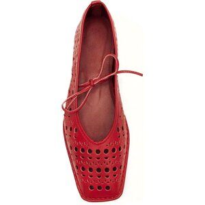 Women Slit-red Faux Leather Square Toe Lace Up Ballerina Ballet Slip On Flats